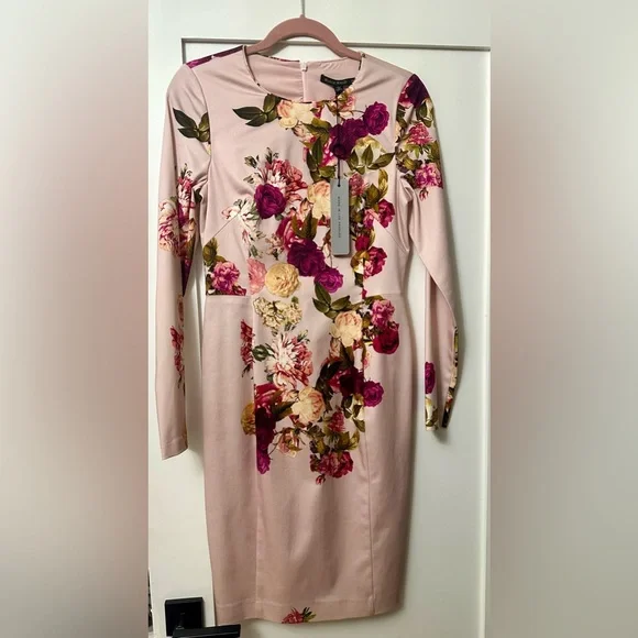 Black Halo | Dresses | Black Halo Pink Floral Sheath Midi Dress Size 8 Long  Sleeve Nwt | Poshmark